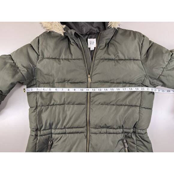 GAP Womens Midweight Puffer Jacket Faux Fur Hood Large TALL Green Zip Up Classic - Picture 5 of 11